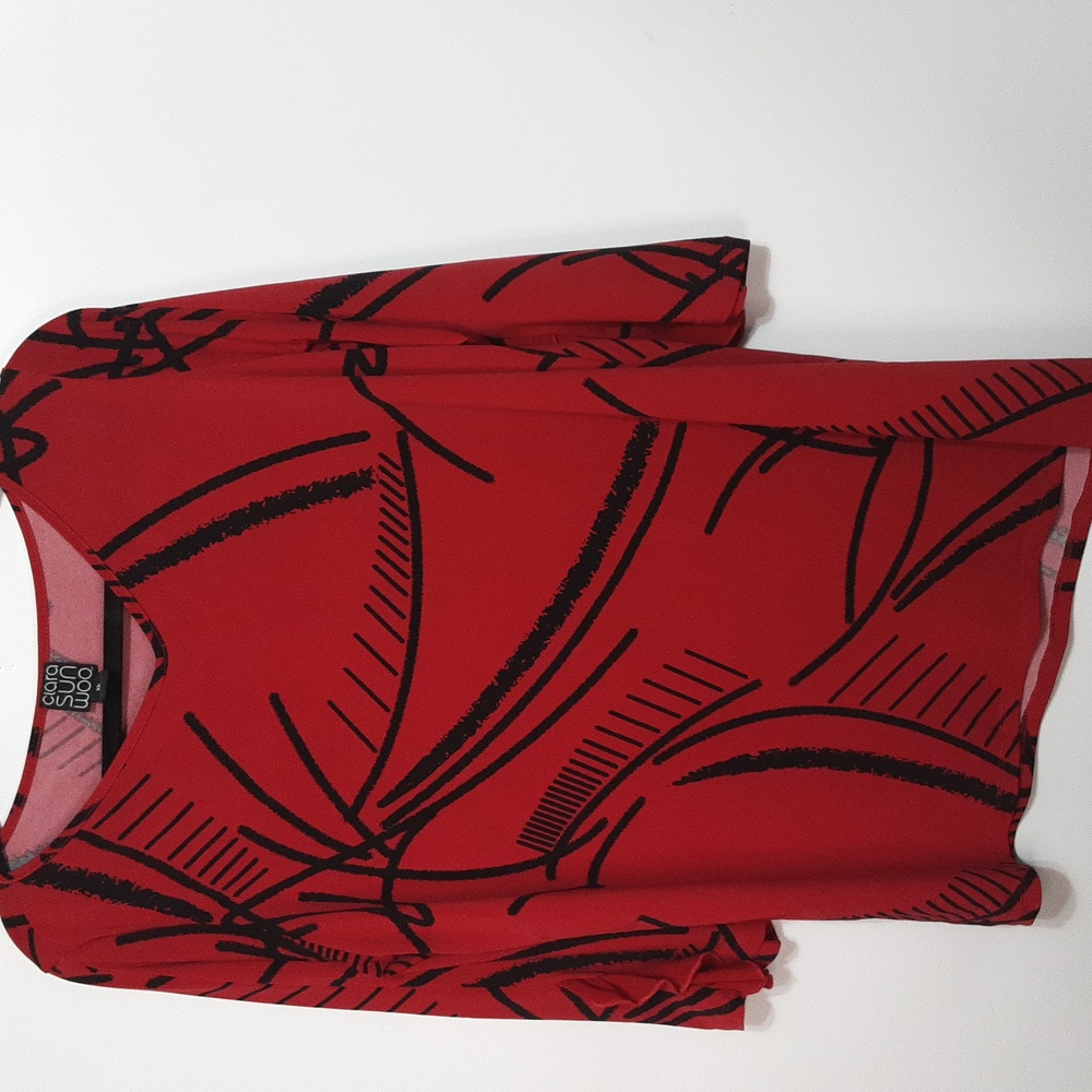 Clara Sun Woo Red Tunic with Black Abstract Brushstroke Print
